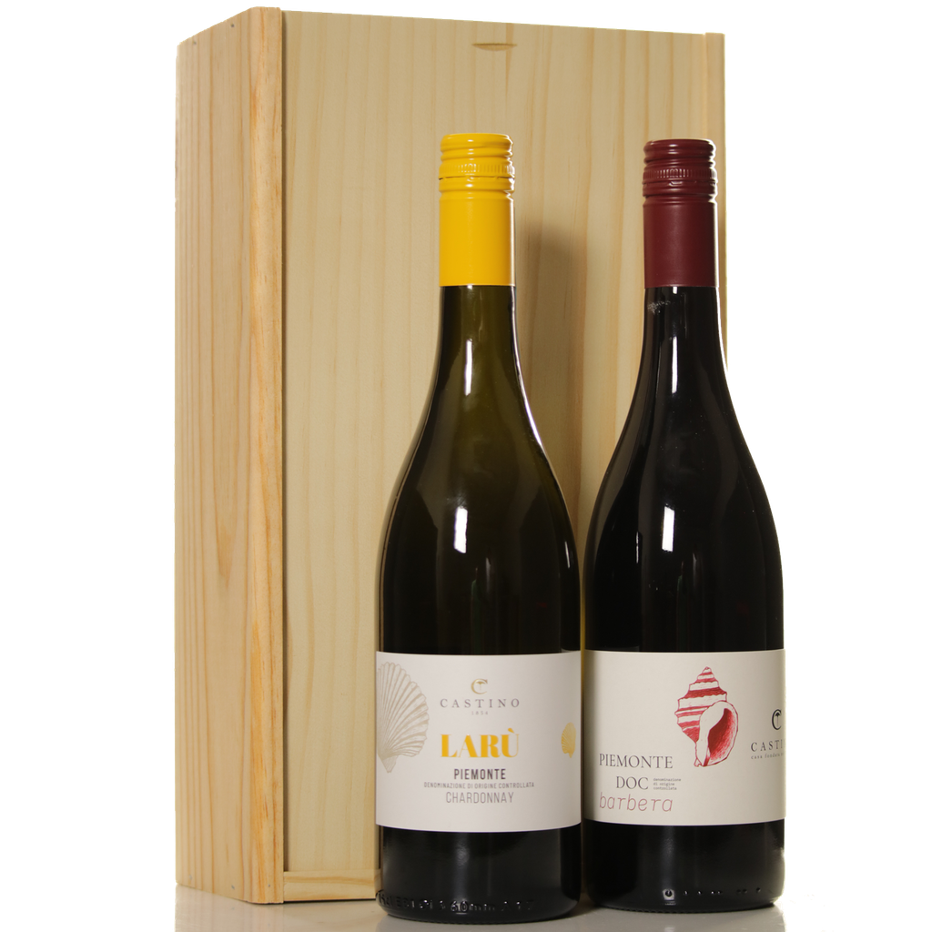 Italiaans wijncadeau Piemonte – Chardonnay & Barbera in houten wijnkist (FSC)