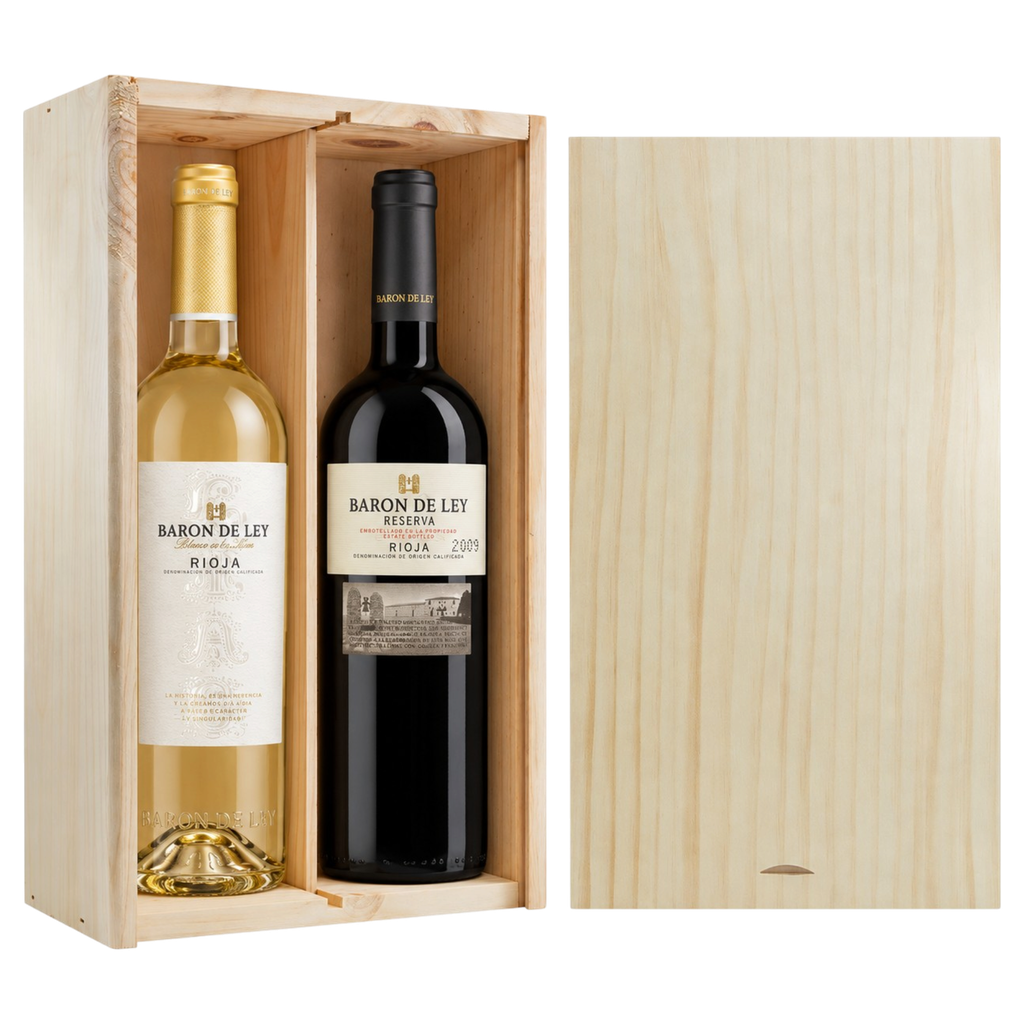 Spaans relatiegeschenk Barón de Ley – wit & rood in FSC-houten wijnkist