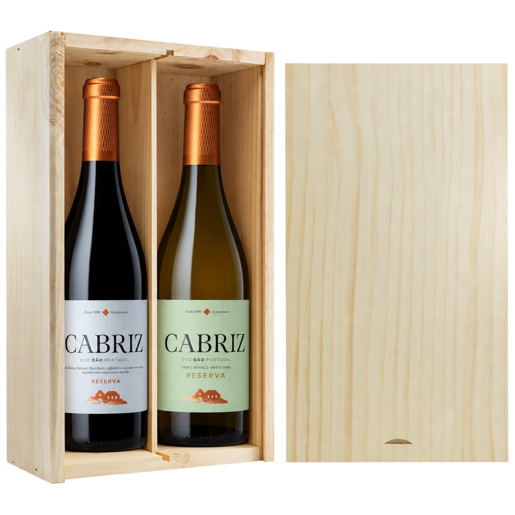 Portugees relatiegeschenk Cabriz – wit & rood in FSC-houten wijnkist